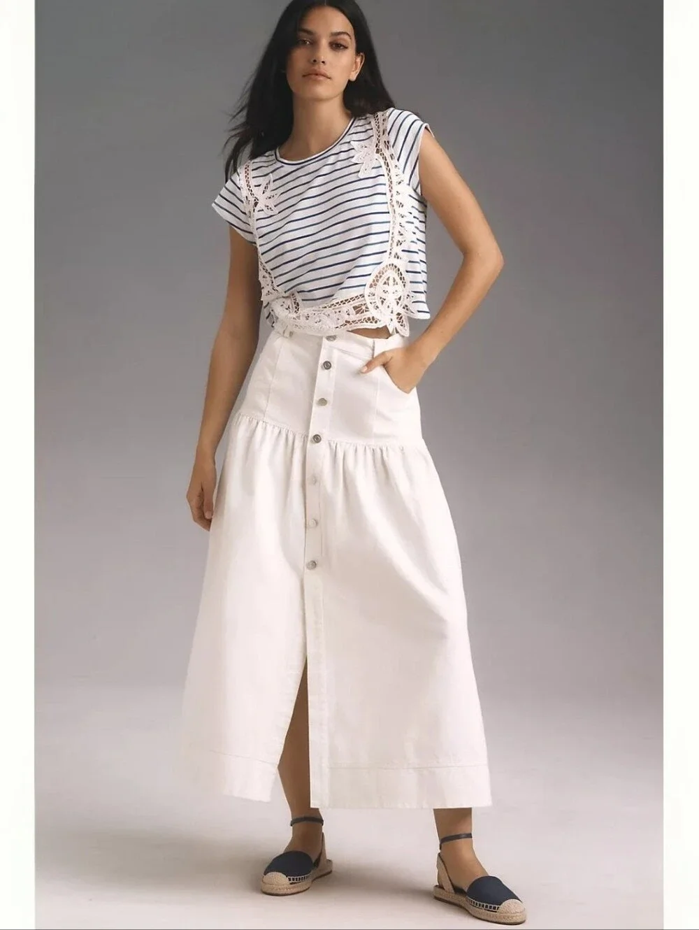 ANTHROPOLOGIE Maeve Lacy Stelline Navy Stripe Crop Top XS NWT - Picture 3 of 12